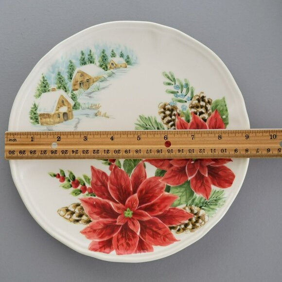 Winter Poinsettia Salad Plate, Set of 2, Cabin in Snow, Pinecone & Floral Design - Picture 9 of 10